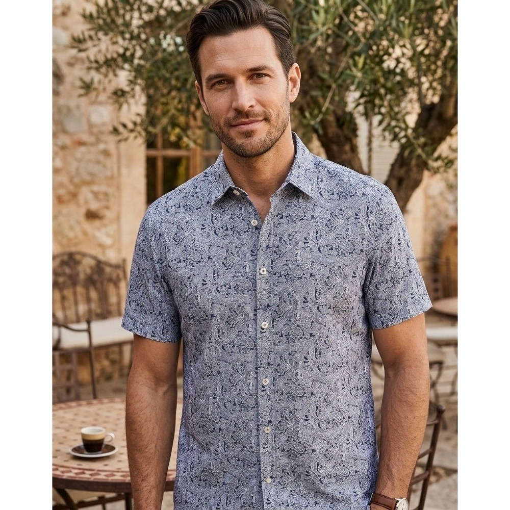 Park & Ronen Button Up Paisley Shirt Men's XL Preppy Beach Vacation Coastal Gray